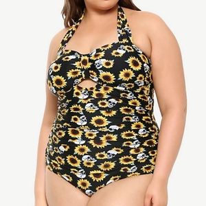 Sunflowers & Skulls halter swimsuit plus size